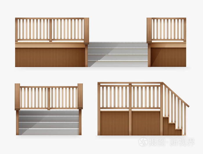 入口到房子的楼梯的向量例证, 门廊的楼梯从木栏杆前面和侧面看法