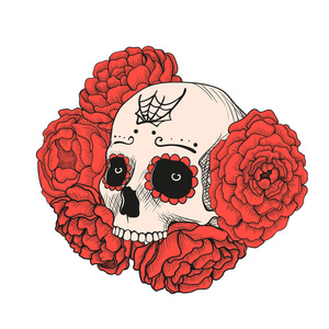 红色素描头骨在红色牡丹花