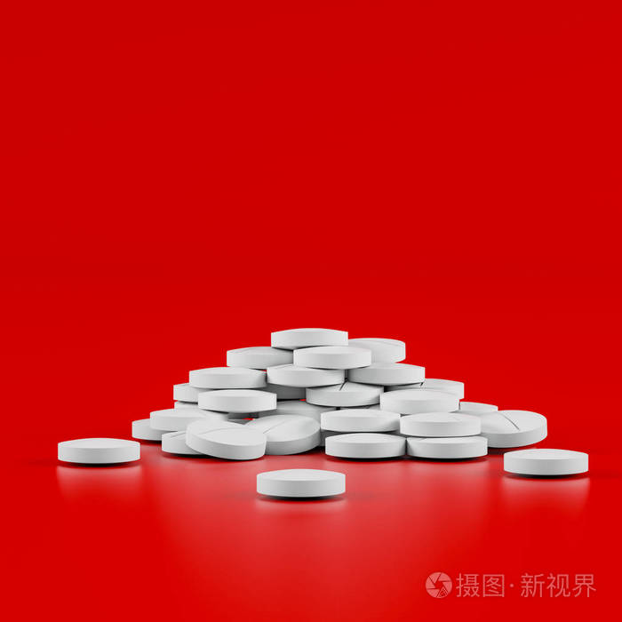 不同药物药片和胶囊的红色背景保健概念三维渲染插图