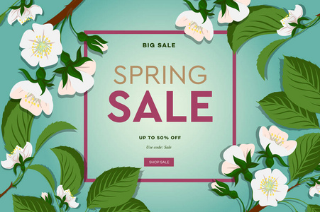 春季销售花卉横幅与盛开的樱花在绿色背景上为横幅传单海报网站矢量插图的季节性设计