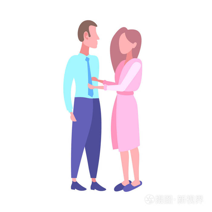 妇女在浴衣上看见商人在上午在工作前愉快的夫妇恋人一起站立全长平的白色背景插画 正版商用图片191kip 摄图新视界