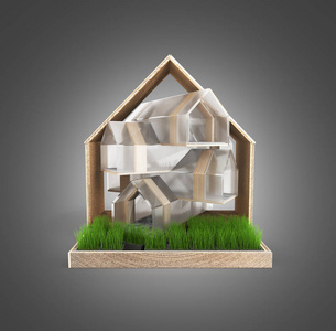 现代猫屋，草秆隔离在黑色梯度背景3D渲染