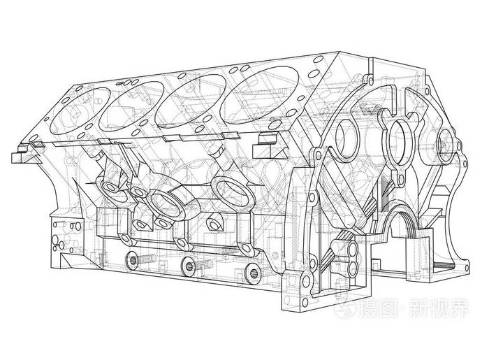 发动机块草图.3d 的矢量渲染