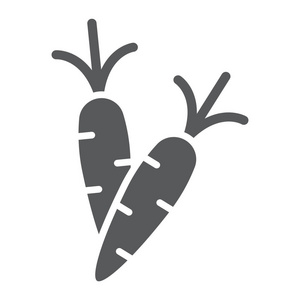 胡萝卜字形图标, 蔬菜和食物, 根标志, 矢量图形, 在白色背景上的固体图案