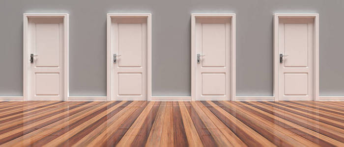 关门.灰色墙面和木地板背景上四扇紧闭的白色门,横幅,正面视图.