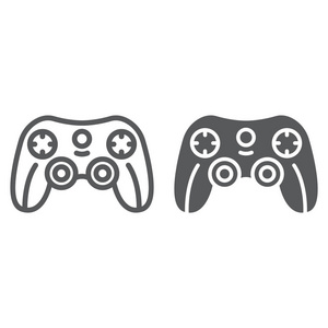 游戏控制器线和字形图标, 游戏和播放, 操纵杆符号, 矢量图形, 在白色背景上的线性图案