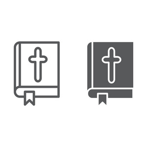 圣经线和字形图标, 教会和宗教, 书与交叉标志, 向量图表, 线性样式在白色背景