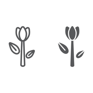 郁金香线和字形图标, 花卉和植物, 花符号, 矢量图形, 在白色背景的线性图案