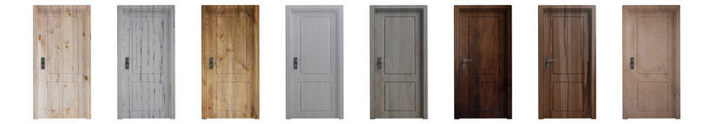 收集不同木材材料的门。 一套各种木门，隔离在白色背景上。 三维插图