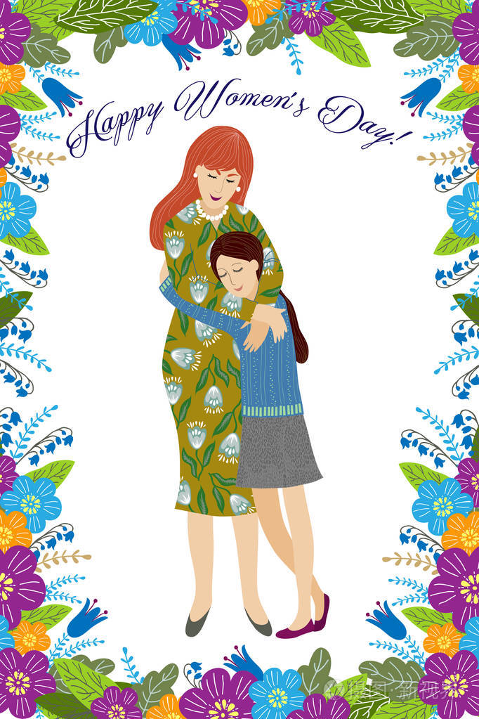 可爱的动画片母亲和女儿与涂鸦花在白色背景.垂直向量