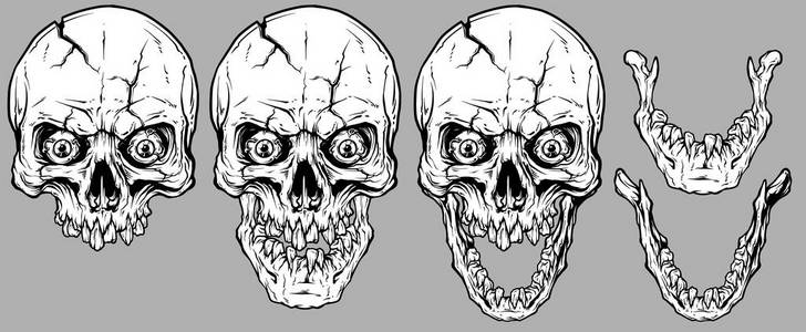 详细的图形，现实，凉爽的白色人类头骨与裂缝，疯狂的眼睛，破碎的牙齿和下颚。 在灰色背景上。 矢量图标集。