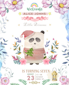 可爱的生日贺卡卡通熊猫。 水彩熊猫剪辑艺术和美丽波霍粉红色花朵。 白色背景上的贺卡灯和叶子。