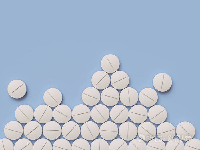 散落在蓝色背景上的药物药片模拟模板保健概念三维渲染图