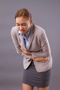  sick woman suffering from stomachache, menstrual period cramp, 