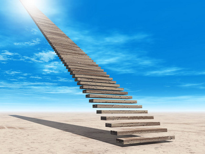 概念或概念三维插图楼梯台阶天堂的天空背景沙漠与云