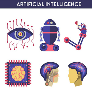 人工智能矢量插图机器人人类头脑未来计算机数字大脑科学和创新技术机器。 眼机构手和头部DNA微芯片处理器的符号