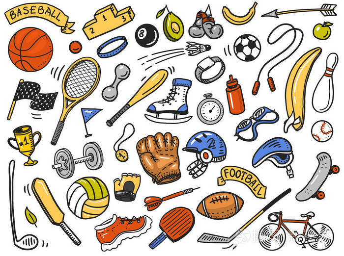 运动无缝模式.图标涂鸦风格.健身和训练设备.健康和活动的象征.