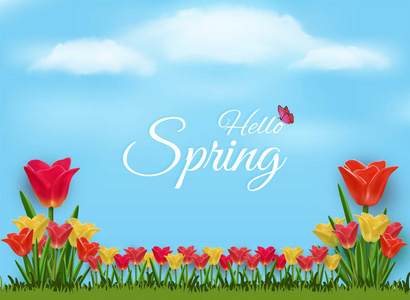 大自然的矢量背景欢迎春天。 和各种五颜六色的郁金香花束，感觉新鲜，可作为节日的背景
