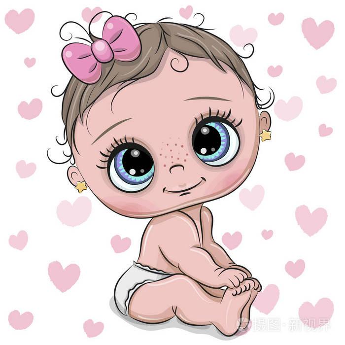 可爱的卡通宝贝女孩在心背景上