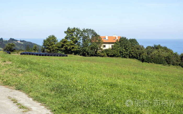 在阳光明媚的日子里西班牙巴斯克国家农村村庄的草地