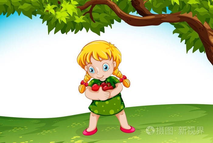 小女孩拿着苹果插图