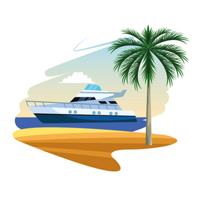 游艇船在海边近岛岸卡通平面白色背景矢量插图平面设计