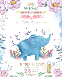 生日快乐卡片与可爱的大象水彩动物。 可爱的婴儿贺卡。 波霍花和花束生日快乐套装。 水彩问候婴儿剪辑白色背景艺术