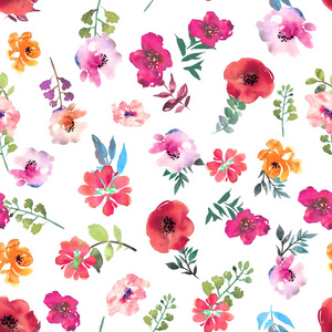 水彩花卉无缝图案壁纸, 印花设计。花的背景。春季纺织质感。装饰例证