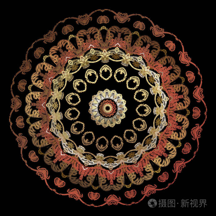 刺绣巴洛克曼达拉图案. 矢量彩色挂毯花卉圆形装饰品. 粗糙的纹理.