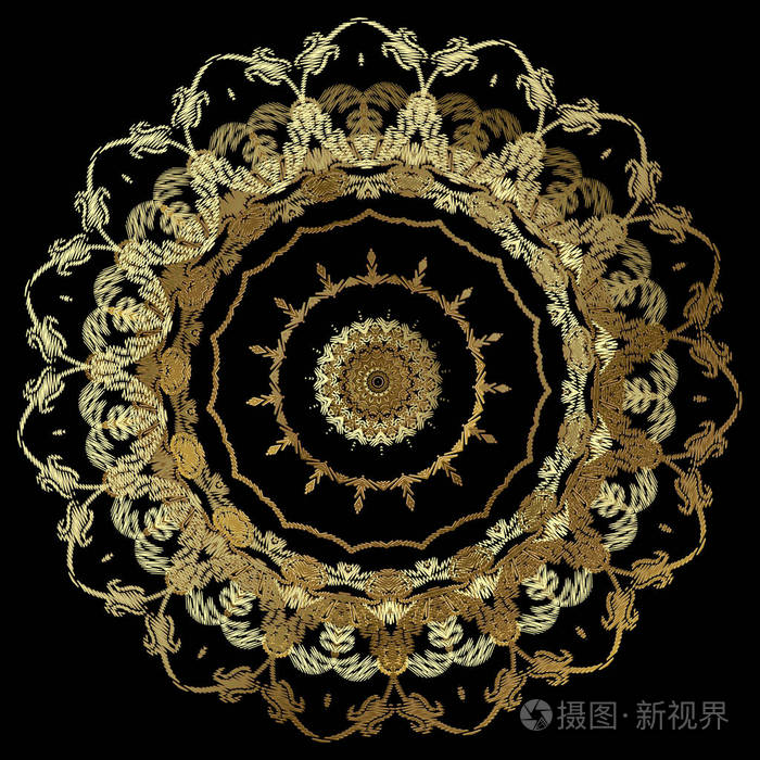 图案矢量华丽的挂毯花卉圆形装饰品粗糙的纹理刺绣的花叶卷轴复古装饰