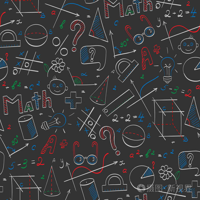 以学校,教育和数学为主题的无缝图案,手绘图形,公式和图标,在黑暗的