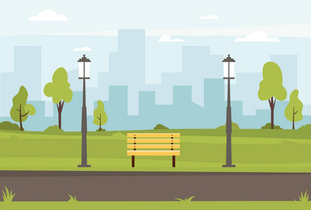 公共公园矢量平面插图。 春季景观城市公园长凳在室外。 具有城市景观背景的公共公园户外。 矢量插图