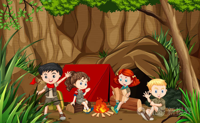 孩子们野营户外场景插图