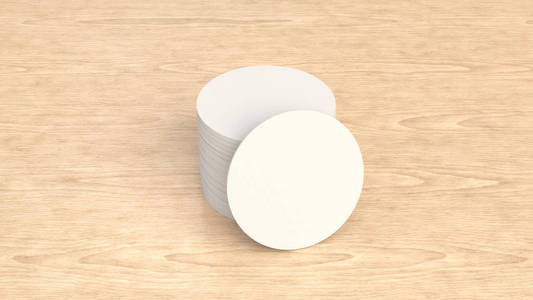 木制背景上空白白色圆形啤酒杯的模型。 品牌模板。 三维渲染图