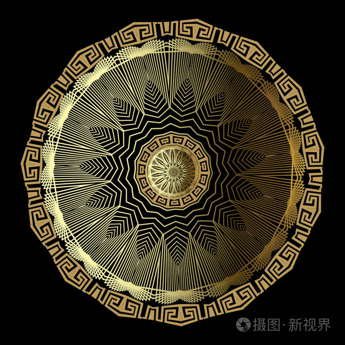 装饰性几何背景. 纹理希腊钥匙蜿蜒装饰与曲折的径向线形状花圆.