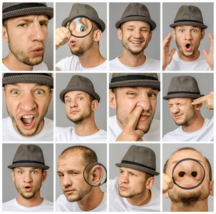 s portraits with different emotions and gestures with magnifier 