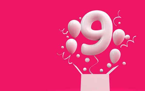 第九届生日9岁生日快乐惊喜气球和盒子.3d 渲染照片