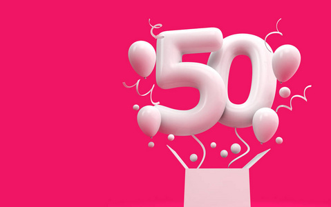 50岁生日快乐惊喜气球和盒子.3d 渲染照片