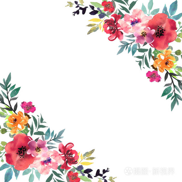 手绘水彩画花束与地方为您的文本.明亮绽放的花朵设计为卡片, 邀请