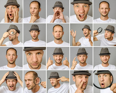 s portraits with different emotions and gestures with magnifier 