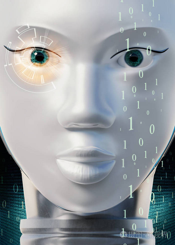 宏观特写镜头的女性机器人看相机.