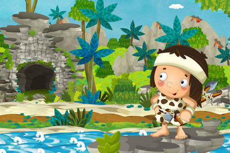 卡通场景，洞穴人穿越丛林，为儿童提供插图