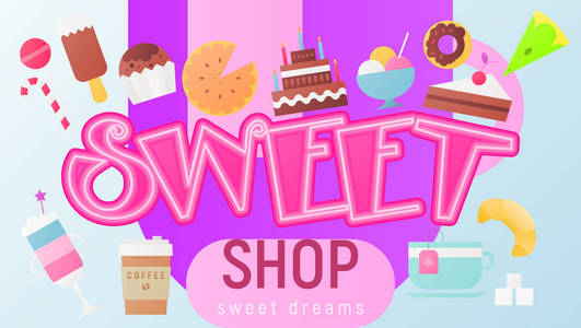 糖果商店广告海报糖果商店或糖果糖果图标的平面风格。矢量插图。