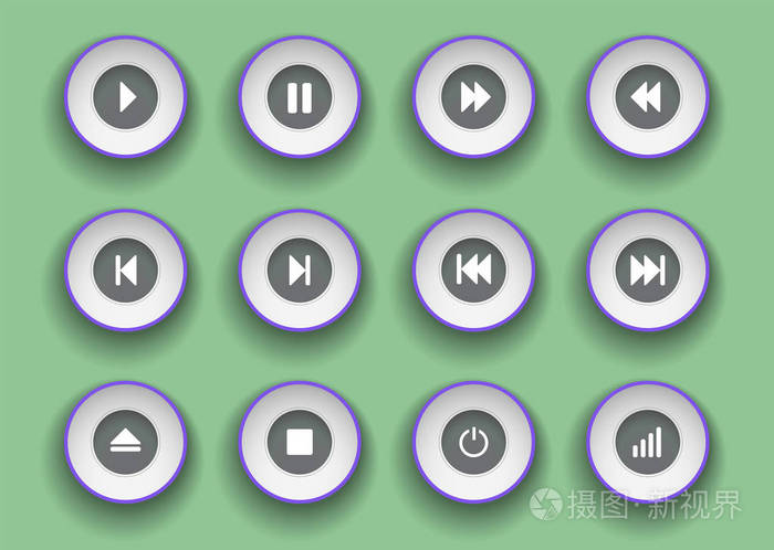 播放器按钮设置为剪纸样式用于播放停止暂停和向前和向后移动剪辑的