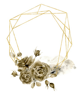 水彩画多面金色框架与单色花束。手绘现代标签与叶子, 分支和玫瑰查出在白色背景。用于设计打印的问候模板