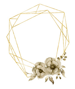 水彩六角形金色框架与单色花海葵花束。手绘现代标签与叶子, 分支和花查出在白色背景。用于设计打印的问候模板