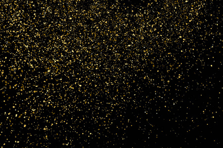 金色闪光纹理孤立在黑色。琥珀微粒颜色。庆祝背景。纸屑的金色爆炸。设计元素。数字生成的图像。矢量插图，EPS10。