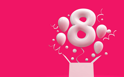 快乐8岁生日惊喜气球和盒子.3d 渲染照片