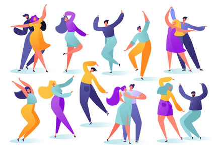 一群年轻快乐的舞蹈人。 派对舞者角色男性和女性孤立在白色背景上。 年轻的男人和女人喜欢舞会。 彩色矢量插图。