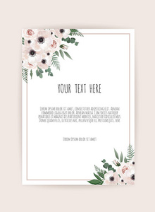 植物婚礼邀请卡模板设计, 白色和粉红色的花在白色背景